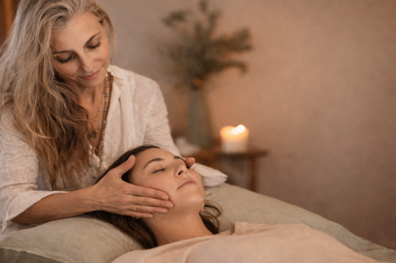 Skilled massage therapist performing a gentle head and facial massage by candlelight at Mindful Way Studio, Mokena IL